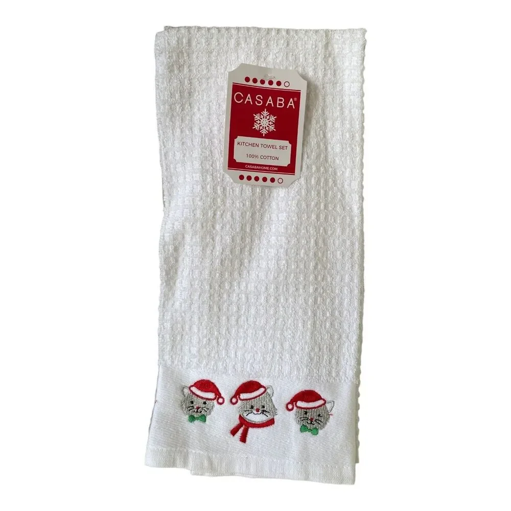 NWT Casaba Gray Christmas Cats in Stocking Hats 3 piece Xmas Kitchen Towel Set